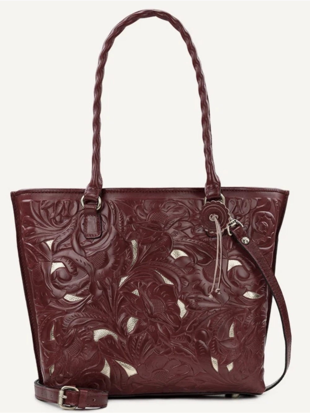 Patricia Nash Dark Brown Embossed Leather Tote with Braided Handles